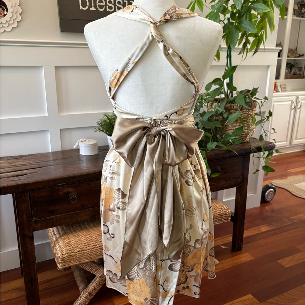 Arden B Floral Satin Mini Dress - Gold and Cream